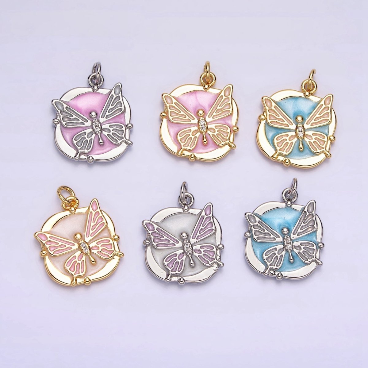 16K Gold Filled Butterfly White, Pink, Blue Sparkly Enamel Round Square Charm in Gold & Silver | AC1549 - AC1554