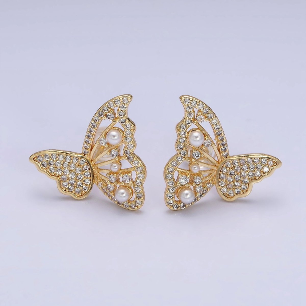 16K Gold Filled Butterfly Wings Pearl Micro Paved CZ Stud Earrings Set in Gold & Silver | AD1322 AD1342