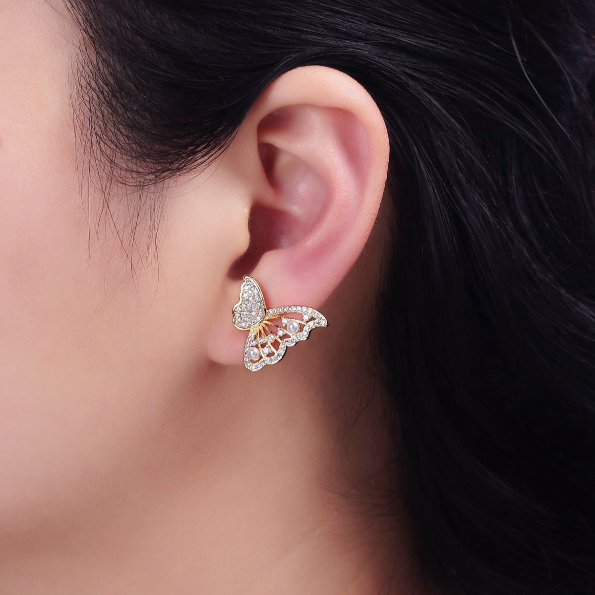 16K Gold Filled Butterfly Wings Pearl Micro Paved CZ Stud Earrings Set in Gold & Silver | AD1322 AD1342