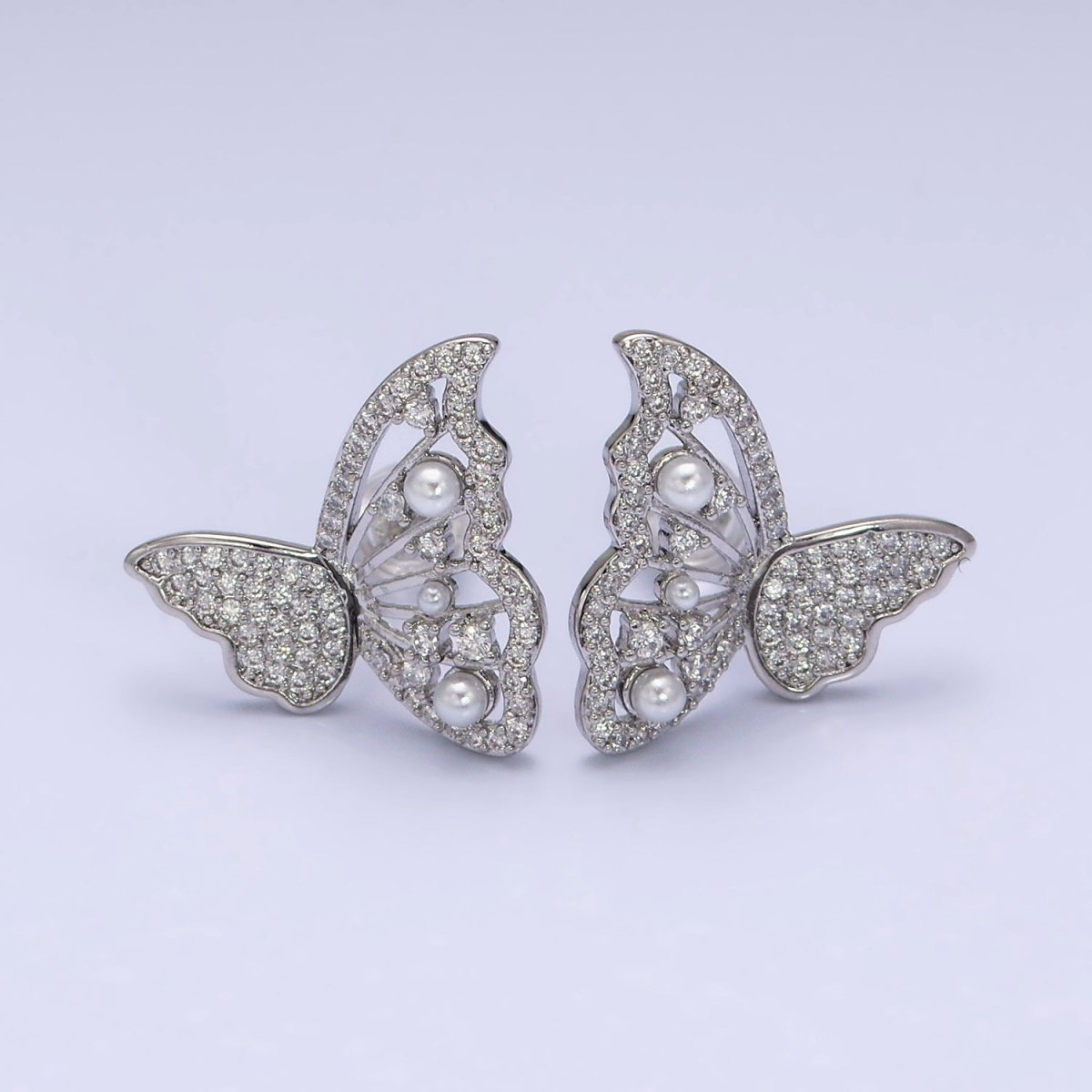 16K Gold Filled Butterfly Wings Pearl Micro Paved CZ Stud Earrings Set in Gold & Silver | AD1322 AD1342