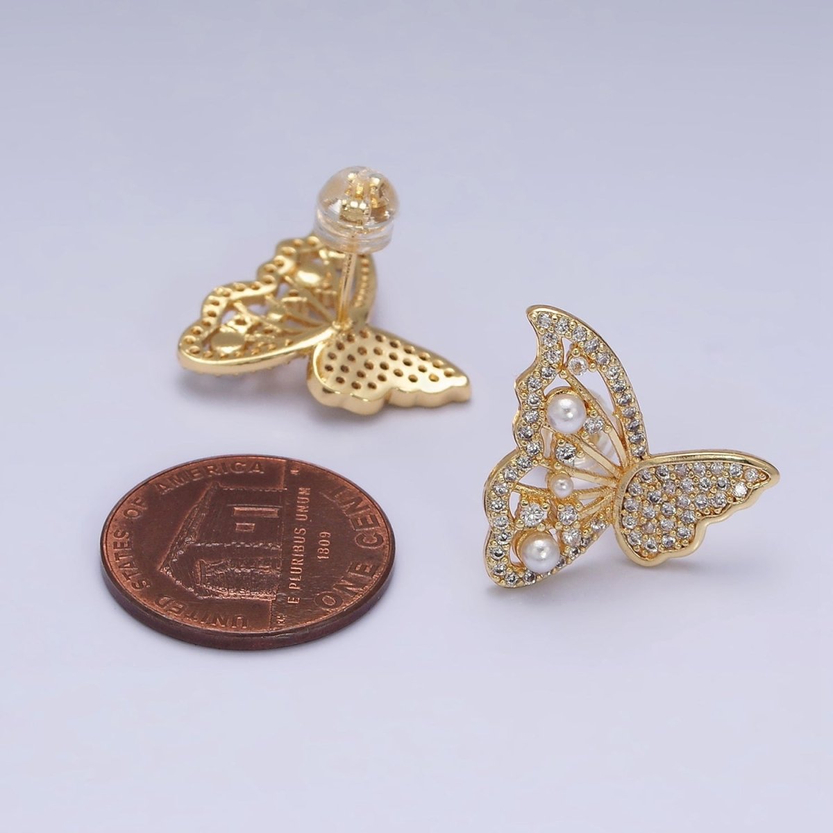 16K Gold Filled Butterfly Wings Pearl Micro Paved CZ Stud Earrings Set in Gold & Silver | AD1322 AD1342
