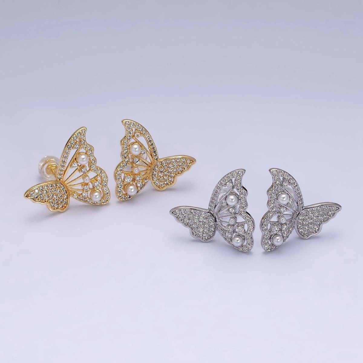16K Gold Filled Butterfly Wings Pearl Micro Paved CZ Stud Earrings Set in Gold & Silver | AD1322 AD1342