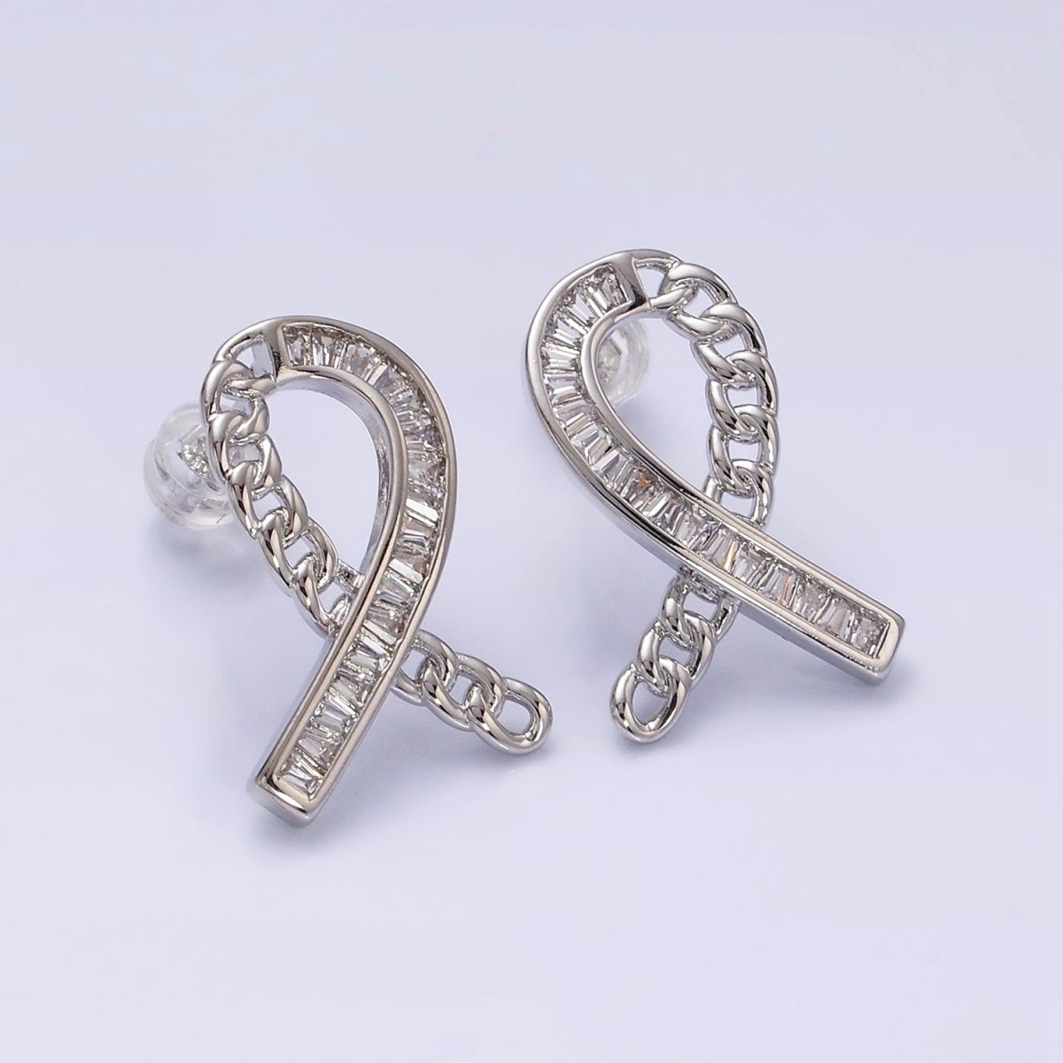 16K Gold Filled Cancer Awareness Ribbon Curb Link Baguette Lined Stud Earrings in Gold & Silver | AD990 AD991
