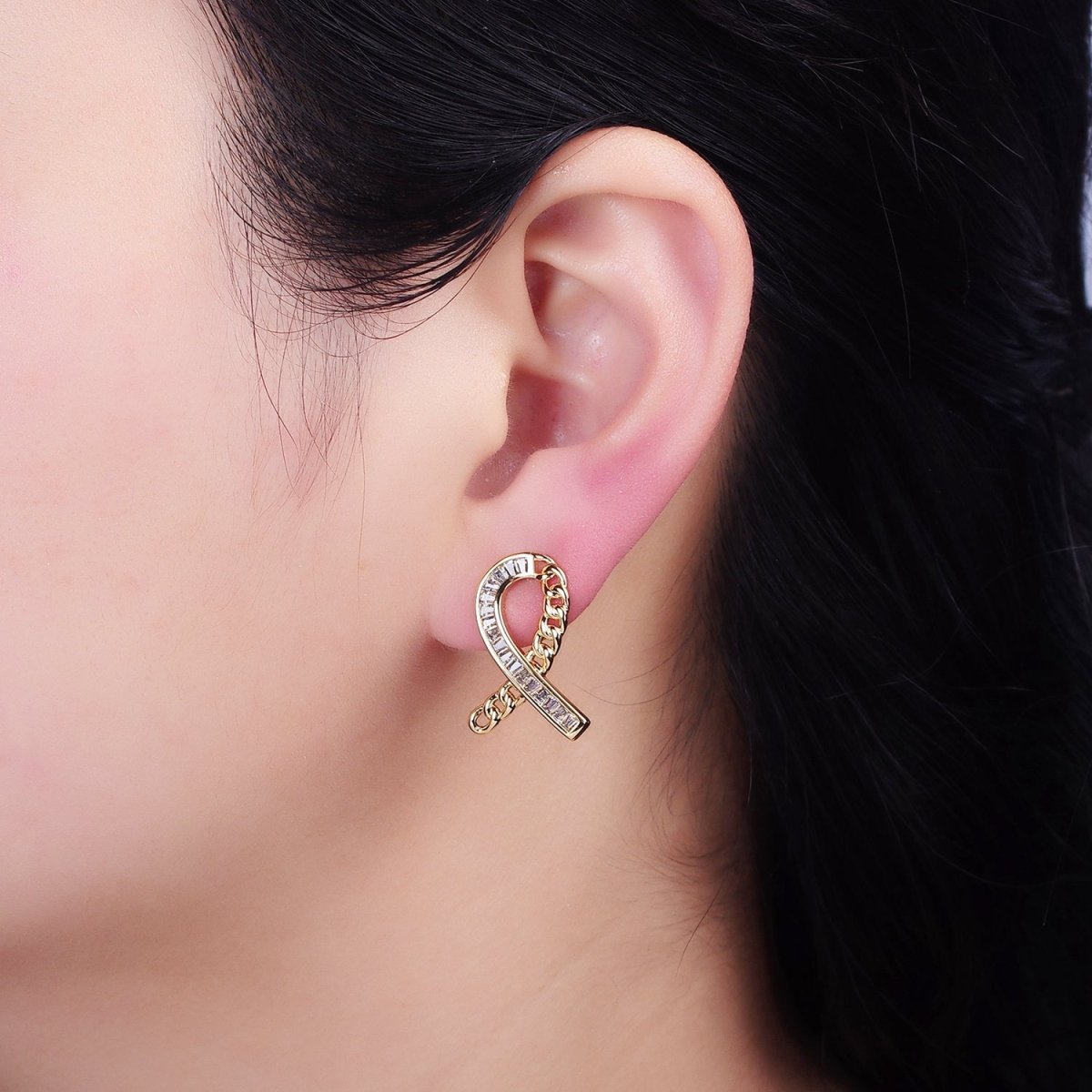 16K Gold Filled Cancer Awareness Ribbon Curb Link Baguette Lined Stud Earrings in Gold & Silver | AD990 AD991