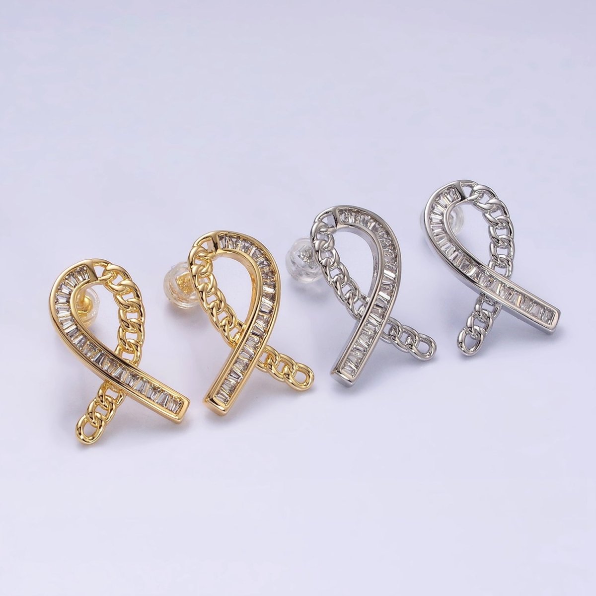 16K Gold Filled Cancer Awareness Ribbon Curb Link Baguette Lined Stud Earrings in Gold & Silver | AD990 AD991