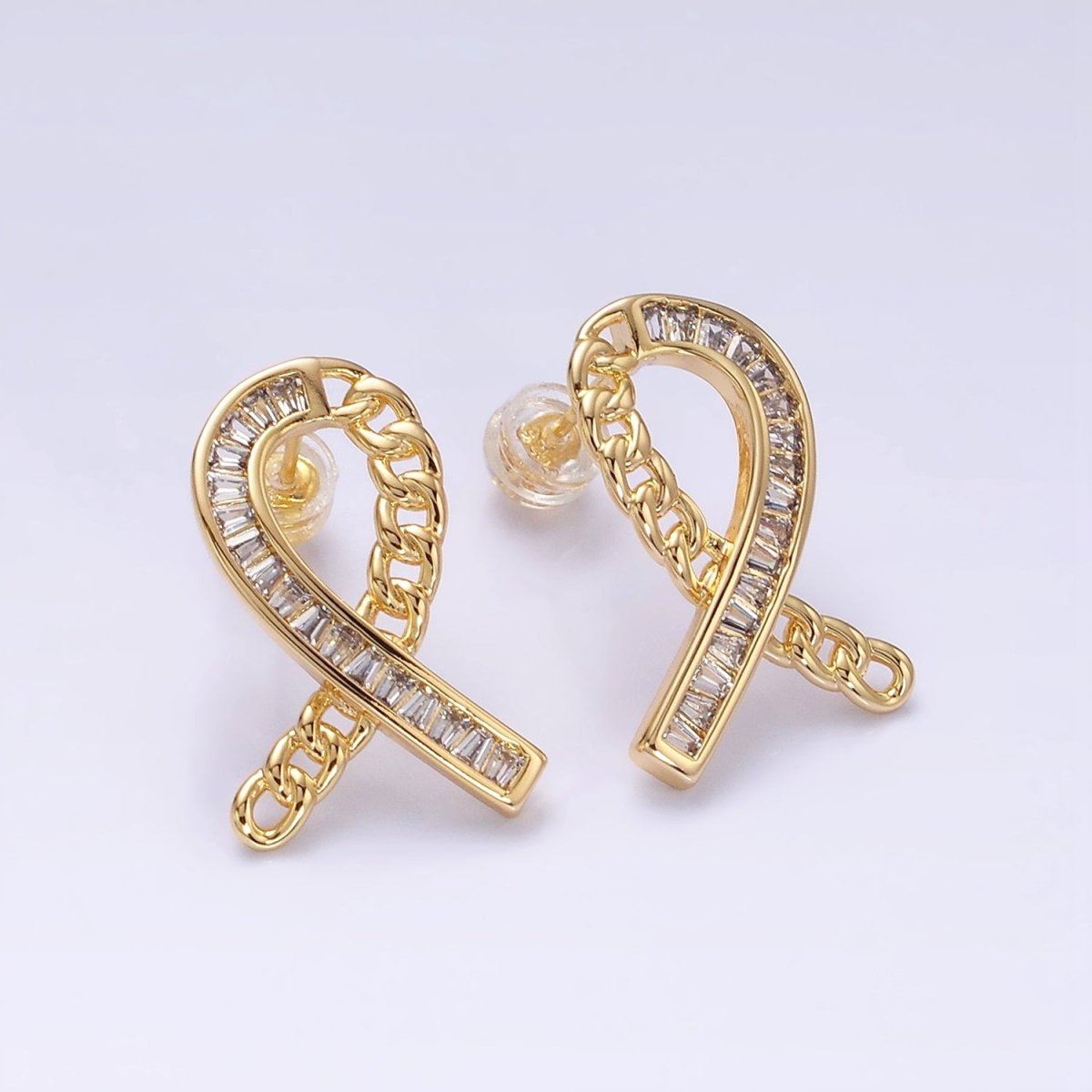 16K Gold Filled Cancer Awareness Ribbon Curb Link Baguette Lined Stud Earrings in Gold & Silver | AD990 AD991