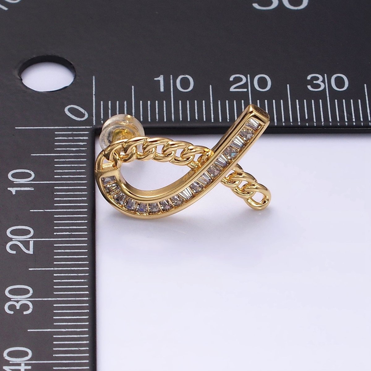 16K Gold Filled Cancer Awareness Ribbon Curb Link Baguette Lined Stud Earrings in Gold & Silver | AD990 AD991