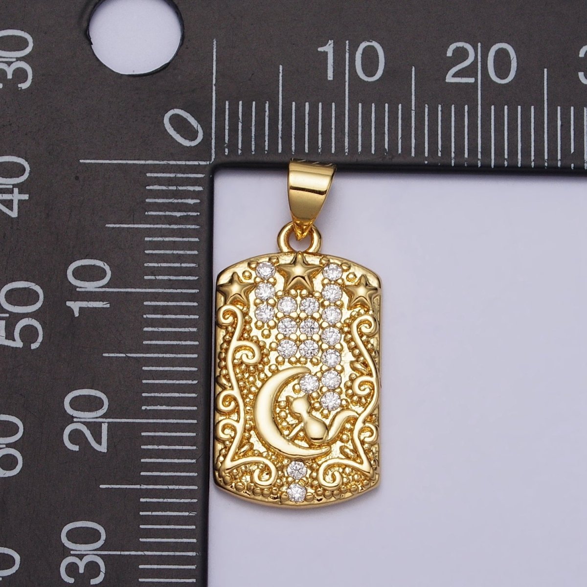 16K Gold Filled Cat Animal Celestial Crescent Moon Clear CZ Micro Paved Rectangular Tag Pendant | AA082