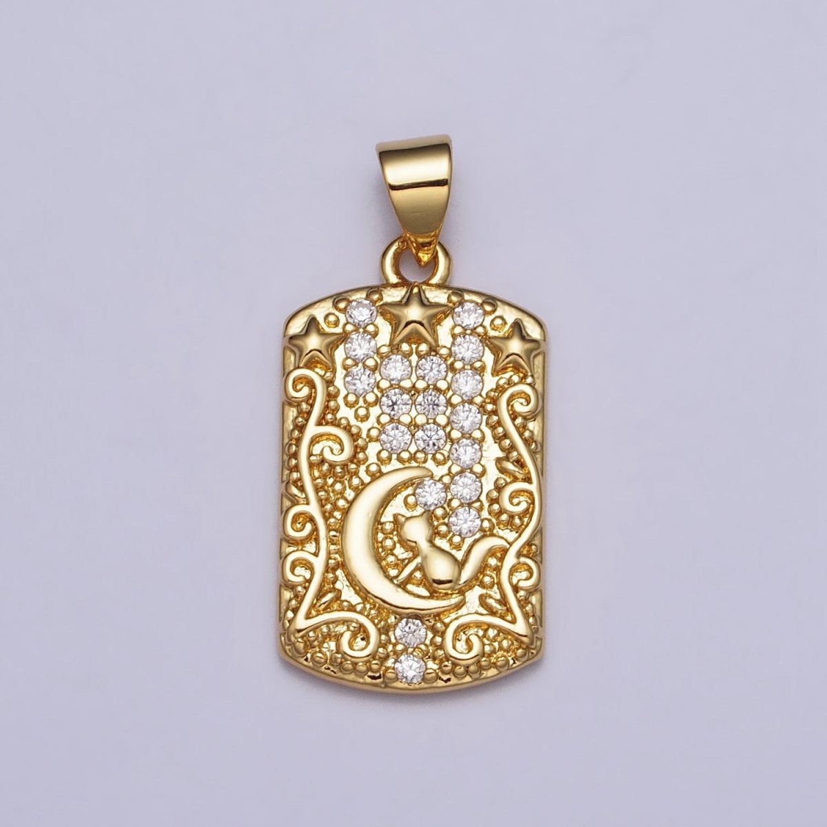 16K Gold Filled Cat Animal Celestial Crescent Moon Clear CZ Micro Paved Rectangular Tag Pendant | AA082