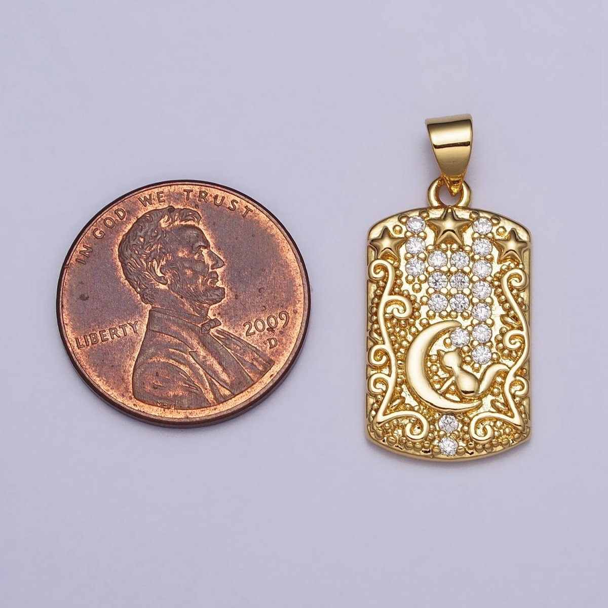 16K Gold Filled Cat Animal Celestial Crescent Moon Clear CZ Micro Paved Rectangular Tag Pendant | AA082