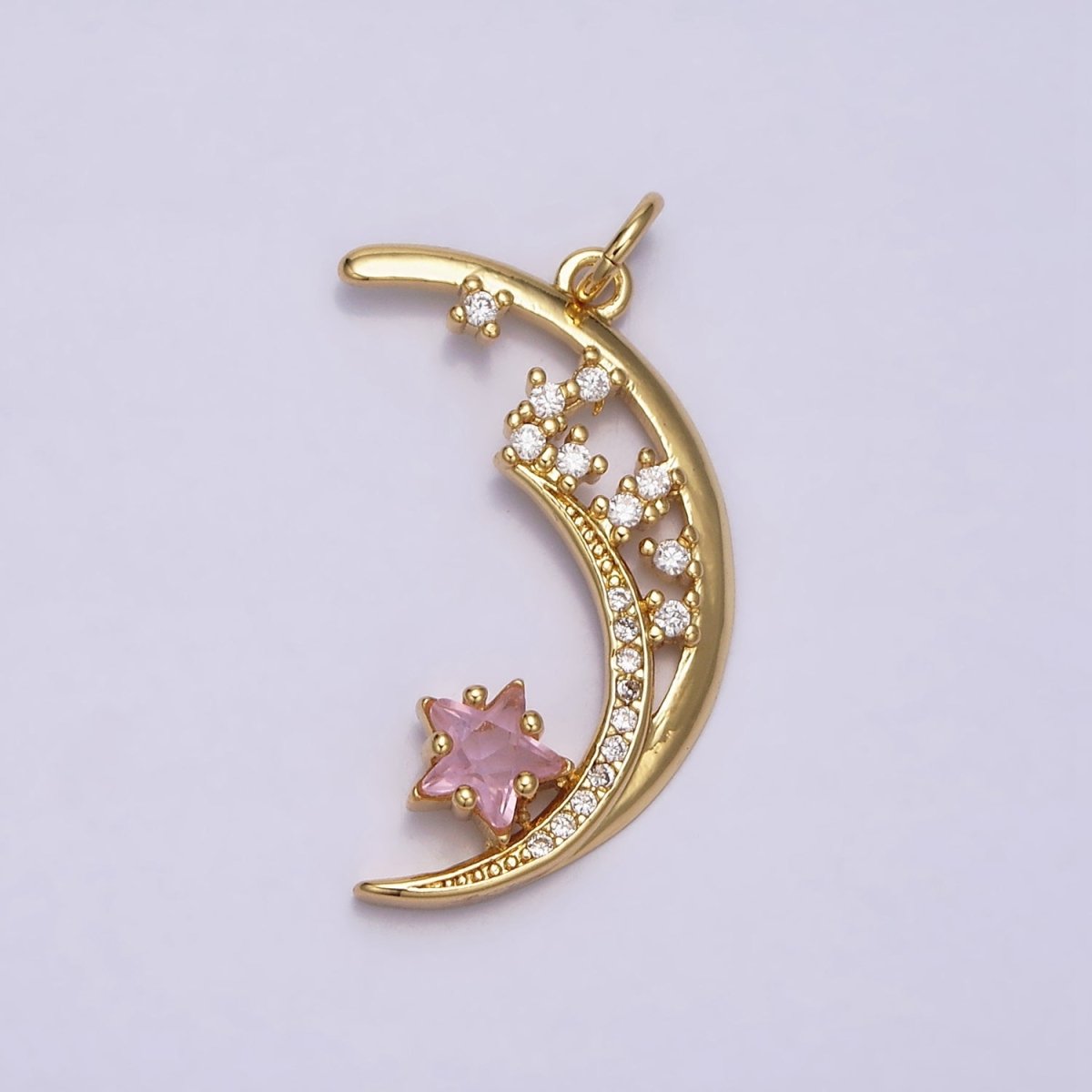 16K Gold Filled Celestial Crescent Moon Pink Star Micro Paved CZ Charm | AA483