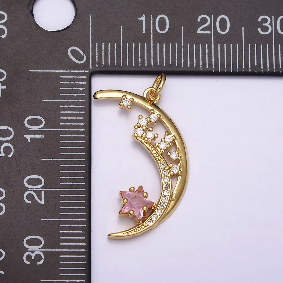 16K Gold Filled Celestial Crescent Moon Pink Star Micro Paved CZ Charm | AA483