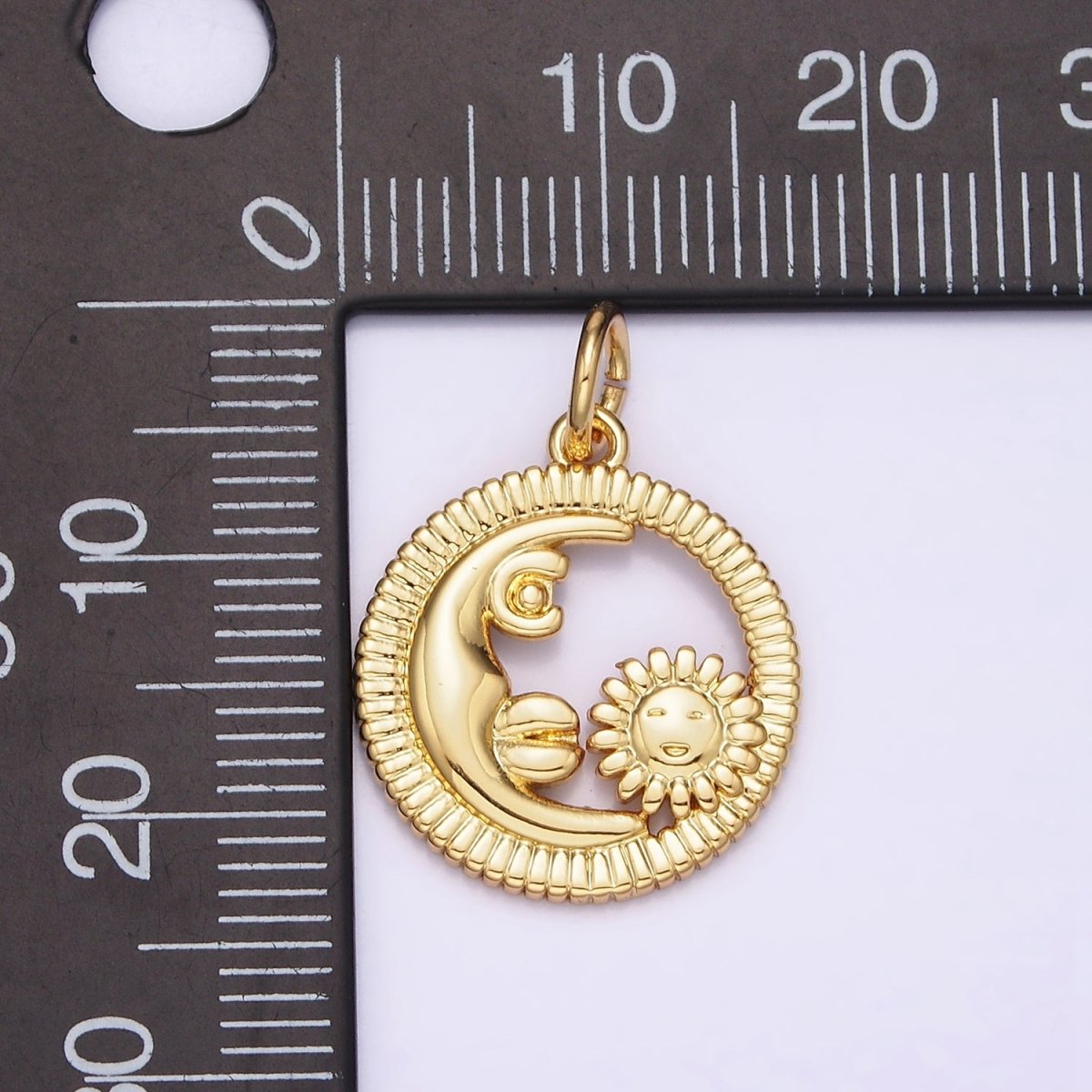 16K Gold Filled Celestial Crescent Moon Sunflower Face Open Round Line-Textured Charm | N980