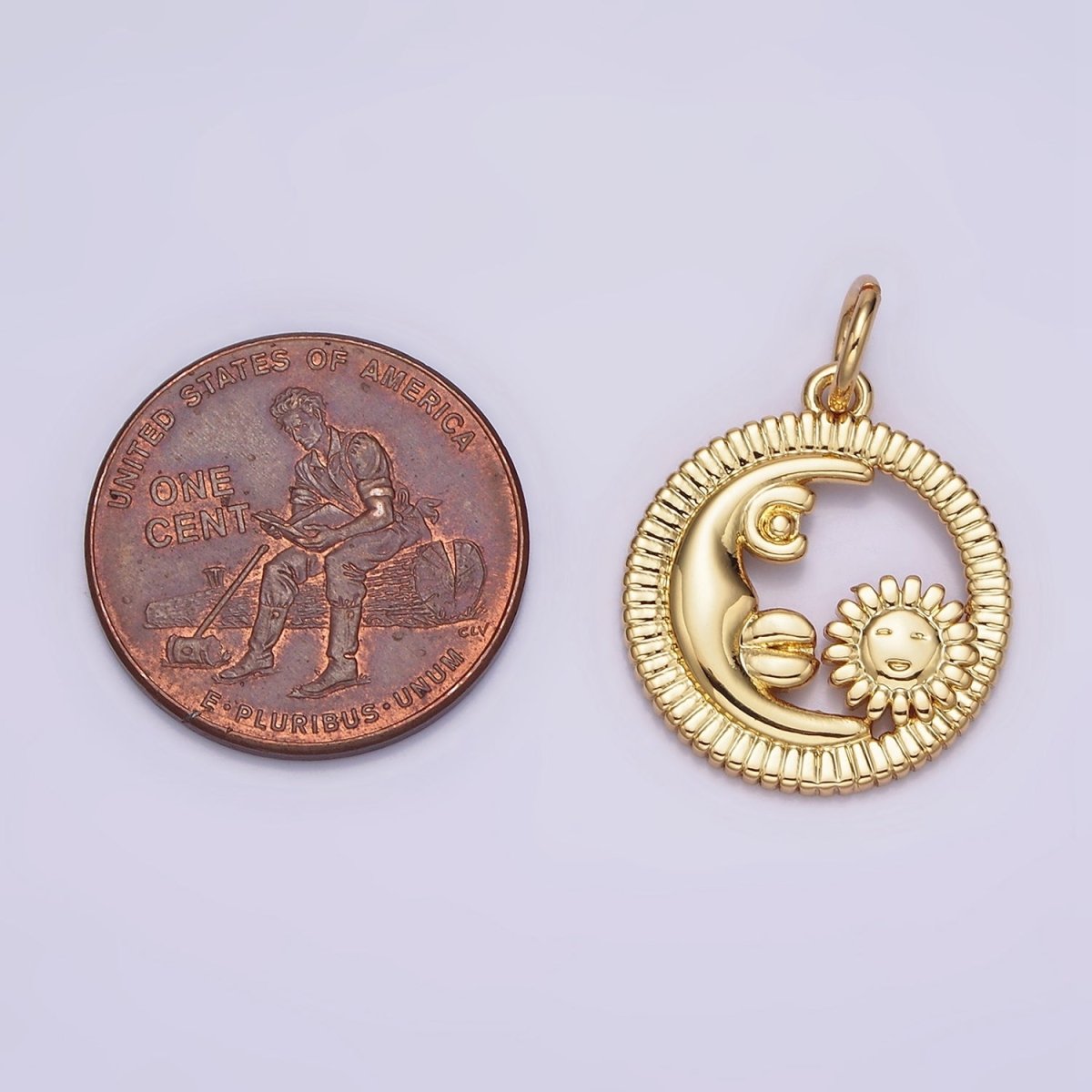 16K Gold Filled Celestial Crescent Moon Sunflower Face Open Round Line-Textured Charm | N980