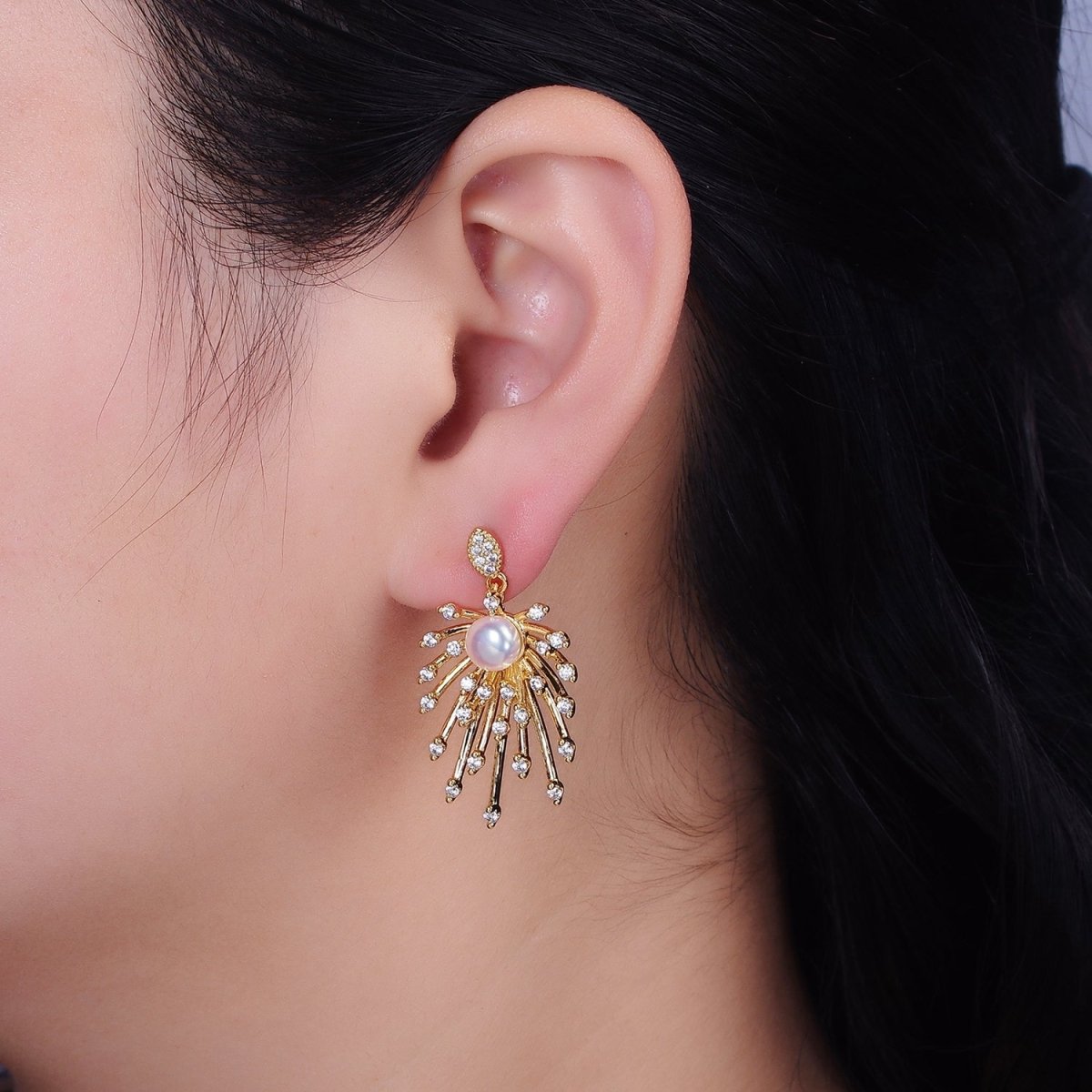 16K Gold Filled Celestial Fireworks Sunburst Pearl CZ Stud Earrings in Gold & Silver | AD1273 AD1274