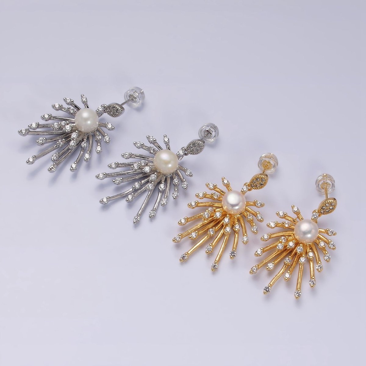 16K Gold Filled Celestial Fireworks Sunburst Pearl CZ Stud Earrings in Gold & Silver | AD1273 AD1274