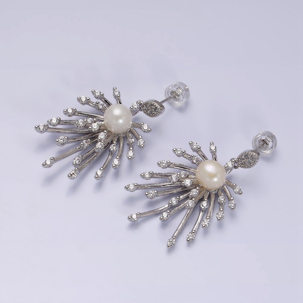 16K Gold Filled Celestial Fireworks Sunburst Pearl CZ Stud Earrings in Gold & Silver | AD1273 AD1274