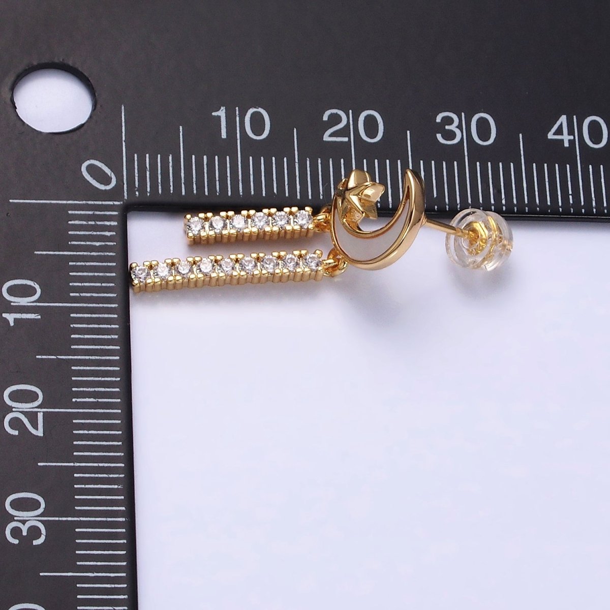 16K Gold Filled Celestial Moon Star Shell Pearl Double Bar Drop Stud Earrings in Gold & Silver | AD1080 AD1081