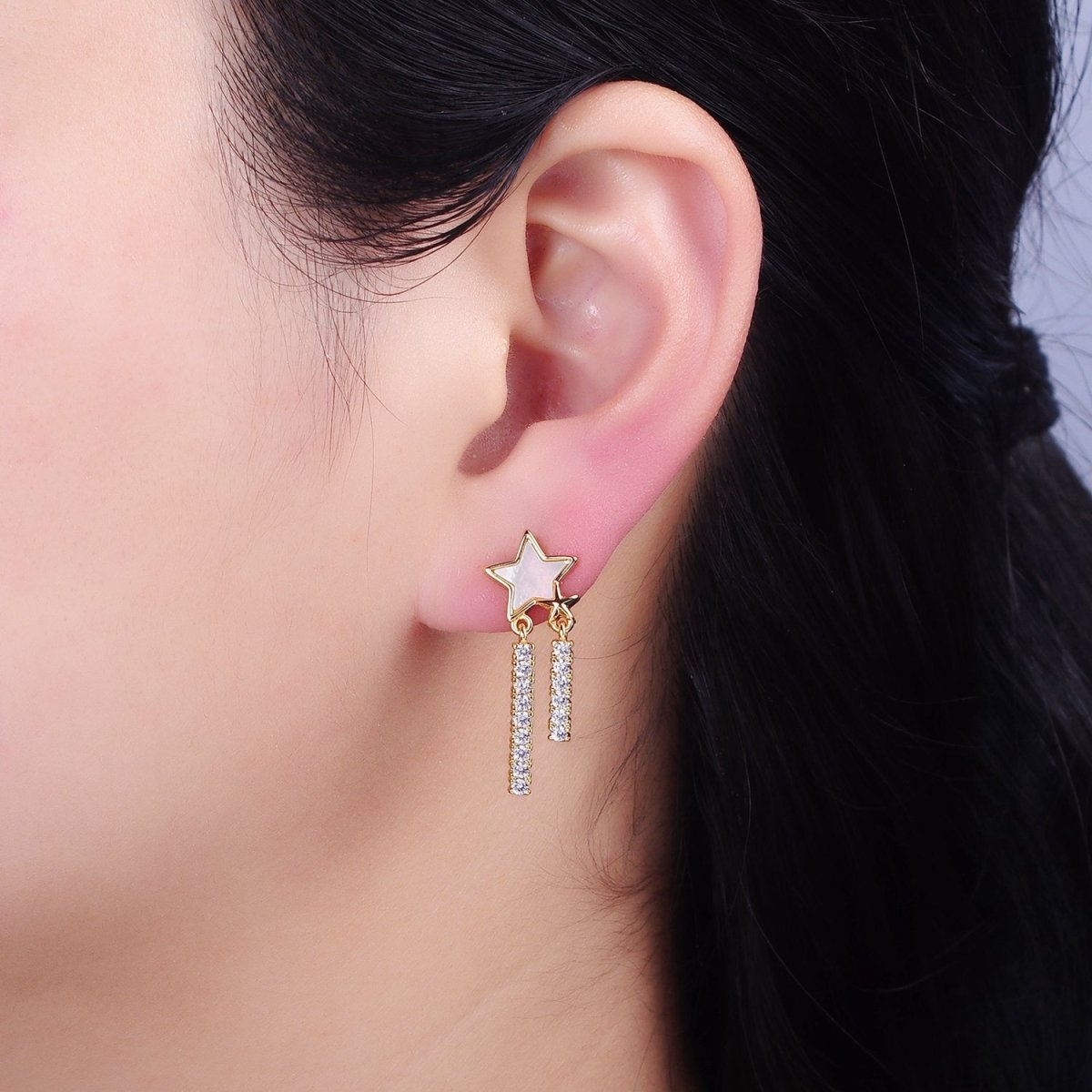 16K Gold Filled Celestial Moon Star Shell Pearl Double Bar Drop Stud Earrings in Gold & Silver | AD1080 AD1081