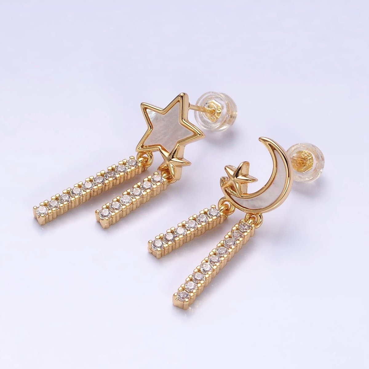 16K Gold Filled Celestial Moon Star Shell Pearl Double Bar Drop Stud Earrings in Gold & Silver | AD1080 AD1081