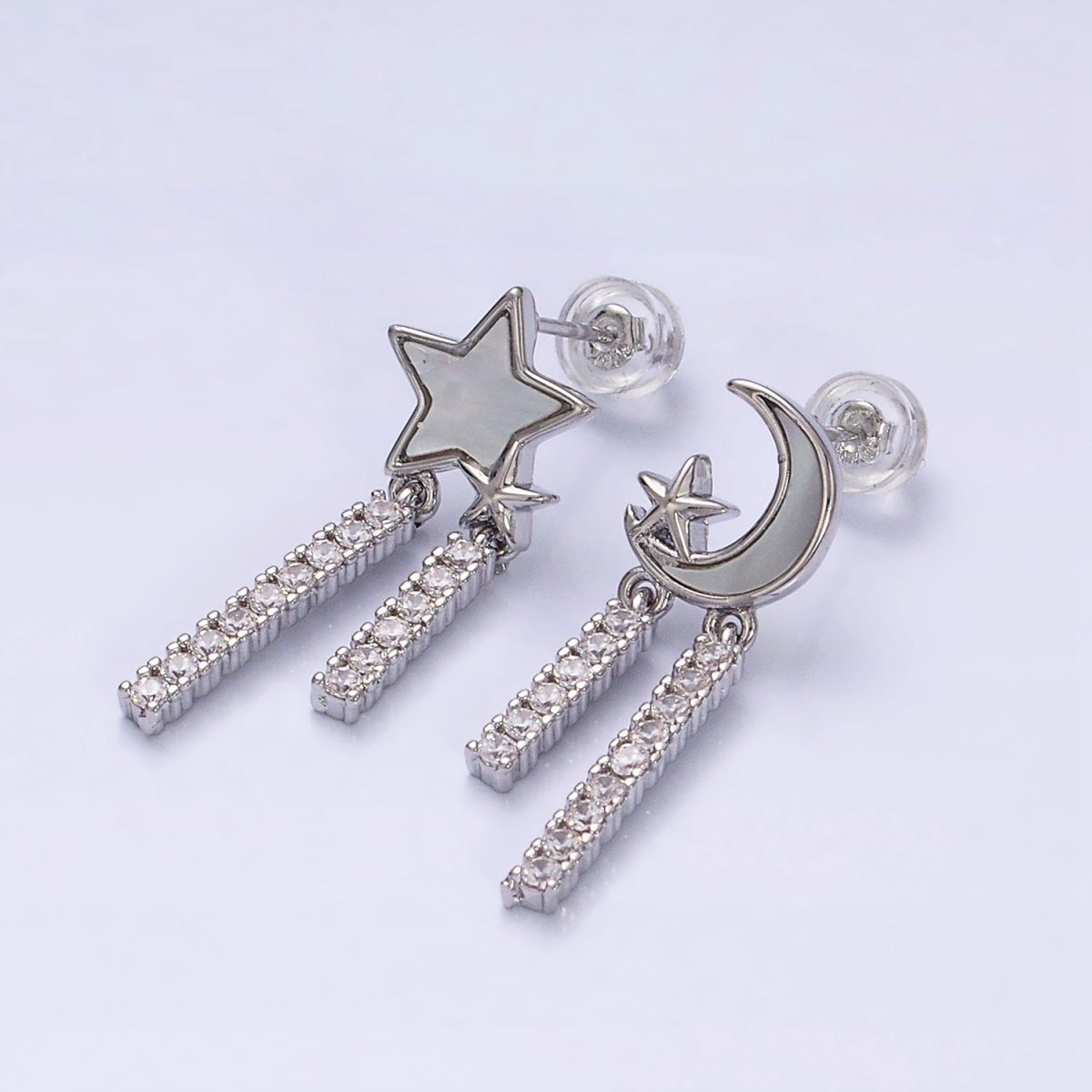 16K Gold Filled Celestial Moon Star Shell Pearl Double Bar Drop Stud Earrings in Gold & Silver | AD1080 AD1081