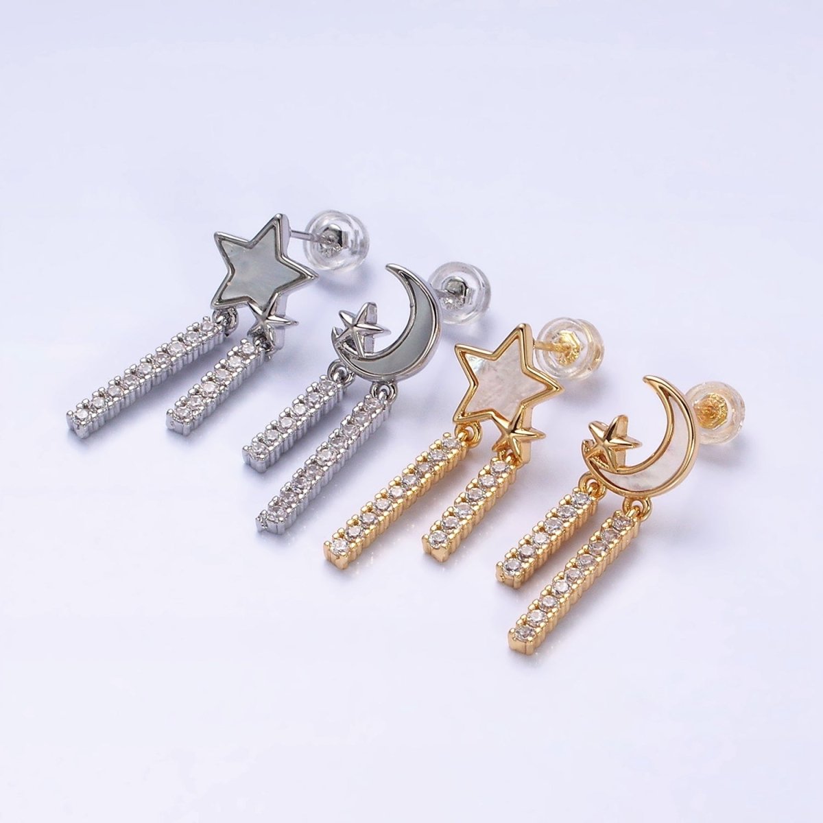 16K Gold Filled Celestial Moon Star Shell Pearl Double Bar Drop Stud Earrings in Gold & Silver | AD1080 AD1081