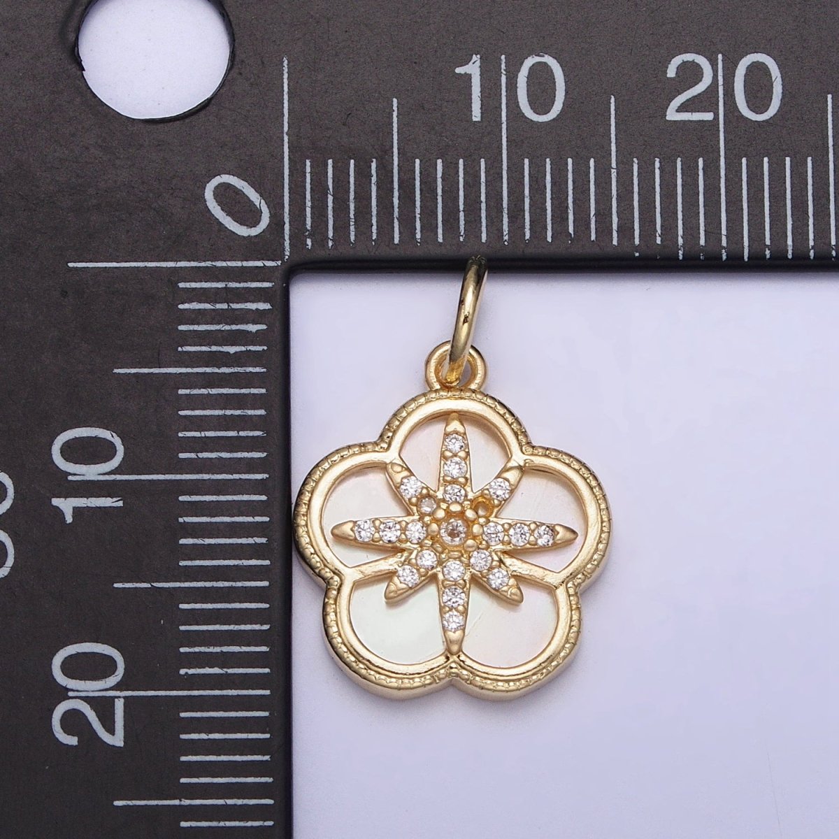 16K Gold Filled Celestial North Star Micro Paved CZ Shell Pearl Flower Charm | AC1055