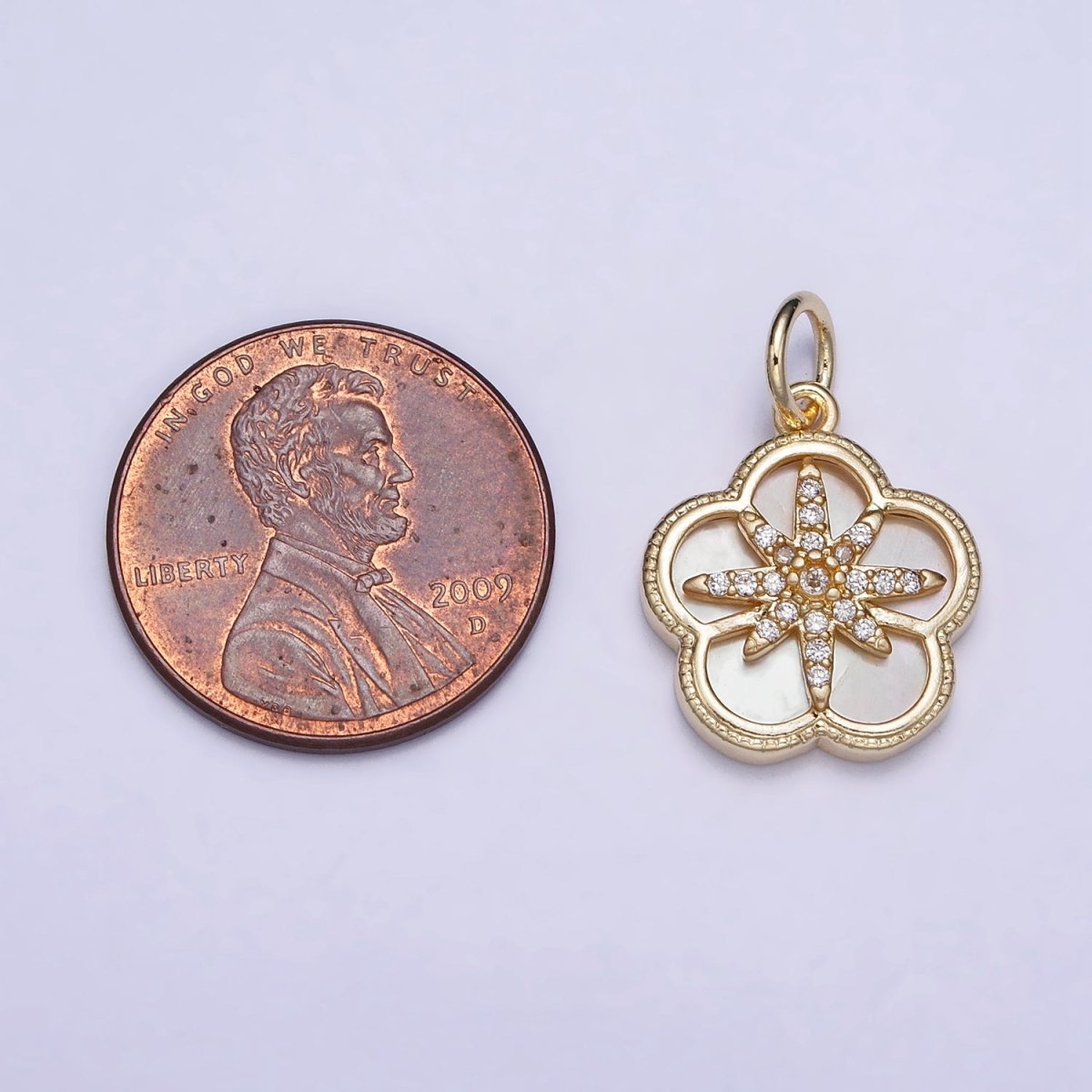 16K Gold Filled Celestial North Star Micro Paved CZ Shell Pearl Flower Charm | AC1055