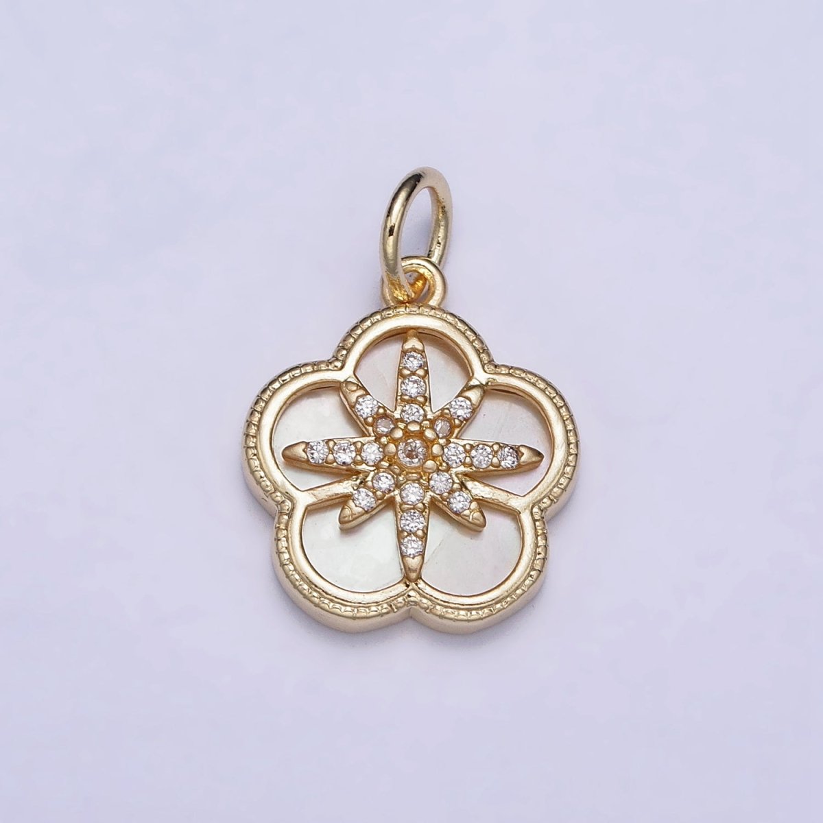 16K Gold Filled Celestial North Star Micro Paved CZ Shell Pearl Flower Charm | AC1055