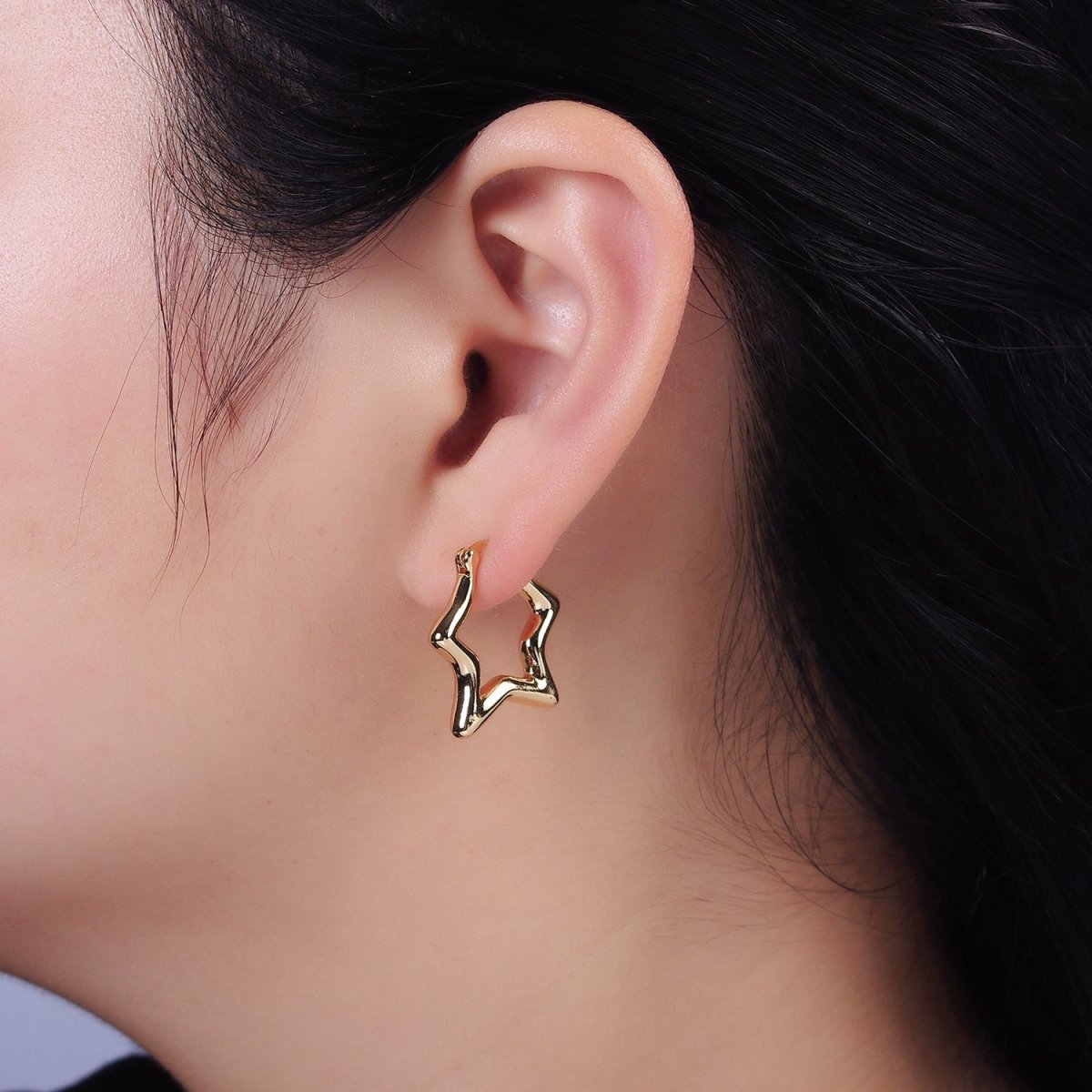 16K Gold Filled Celestial Star Abstract Band French Lock Latch Hoop Earrings | AE088