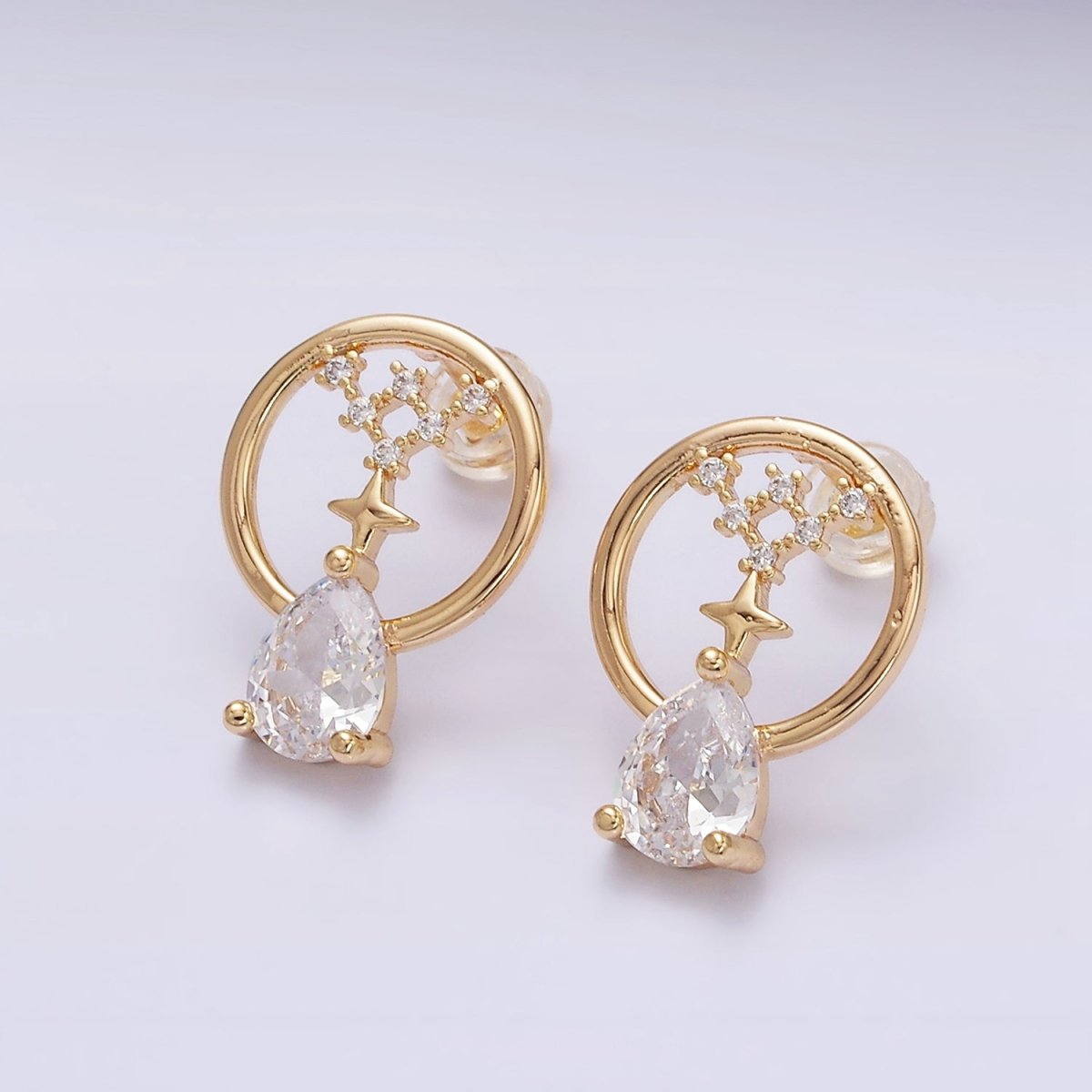 16K Gold Filled Celestial Star Clear CZ Teardrop Dangle Open Round Stud Earrings in Gold & Silver | AD1223 AD1224