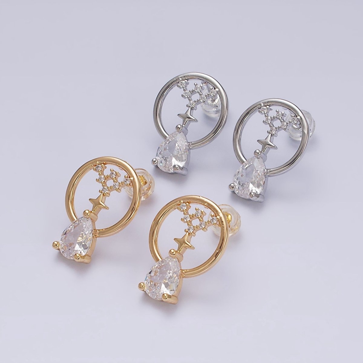 16K Gold Filled Celestial Star Clear CZ Teardrop Dangle Open Round Stud Earrings in Gold & Silver | AD1223 AD1224
