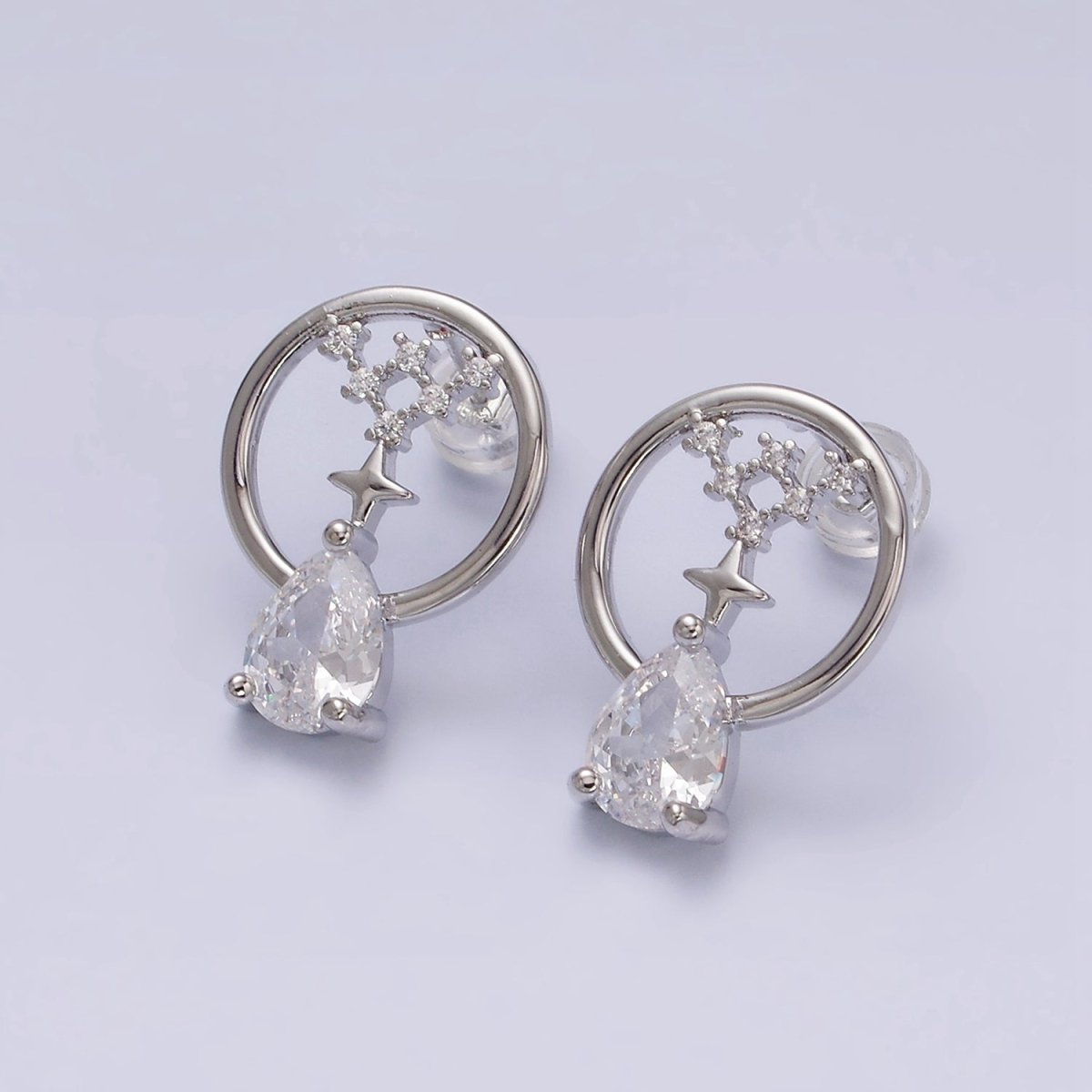 16K Gold Filled Celestial Star Clear CZ Teardrop Dangle Open Round Stud Earrings in Gold & Silver | AD1223 AD1224