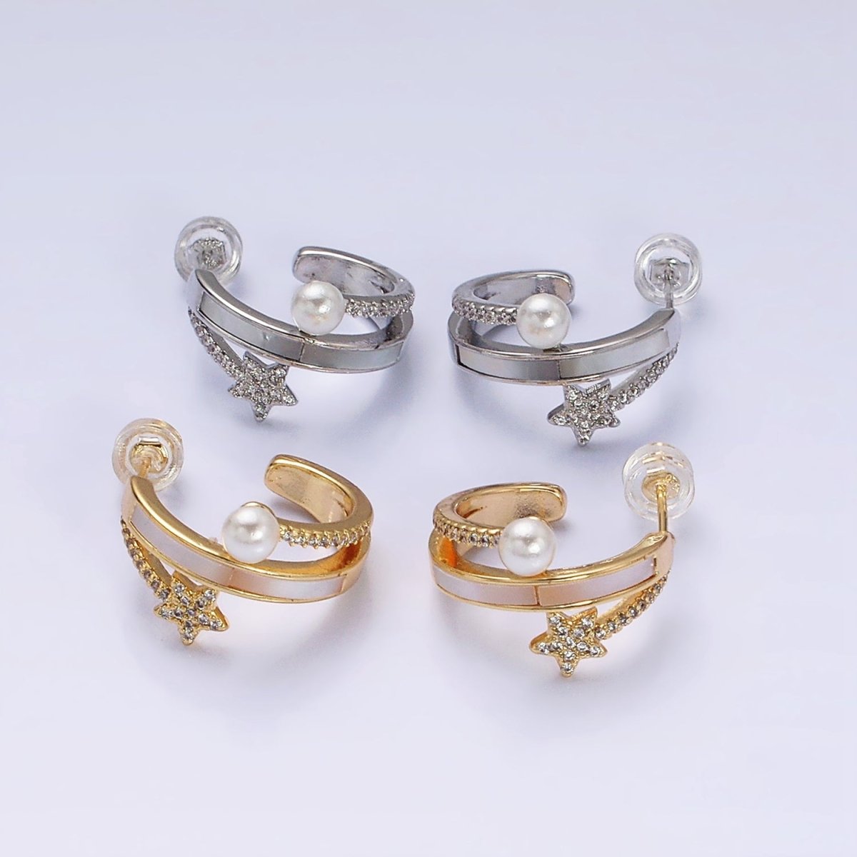 16K Gold Filled Celestial Star Pearl Lined Triple Band C-Shaped Hoop Earrings in Gold & Silver | AD1078 AD1079