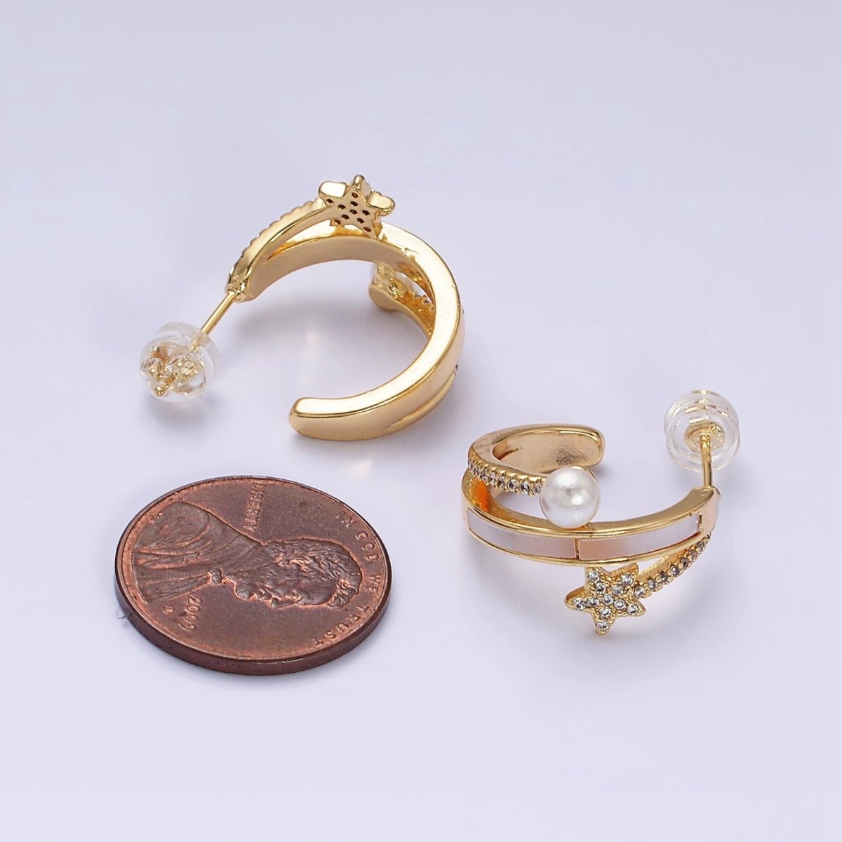 16K Gold Filled Celestial Star Pearl Lined Triple Band C-Shaped Hoop Earrings in Gold & Silver | AD1078 AD1079