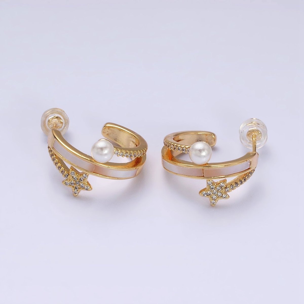 16K Gold Filled Celestial Star Pearl Lined Triple Band C-Shaped Hoop Earrings in Gold & Silver | AD1078 AD1079
