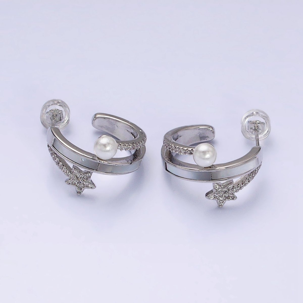 16K Gold Filled Celestial Star Pearl Lined Triple Band C-Shaped Hoop Earrings in Gold & Silver | AD1078 AD1079