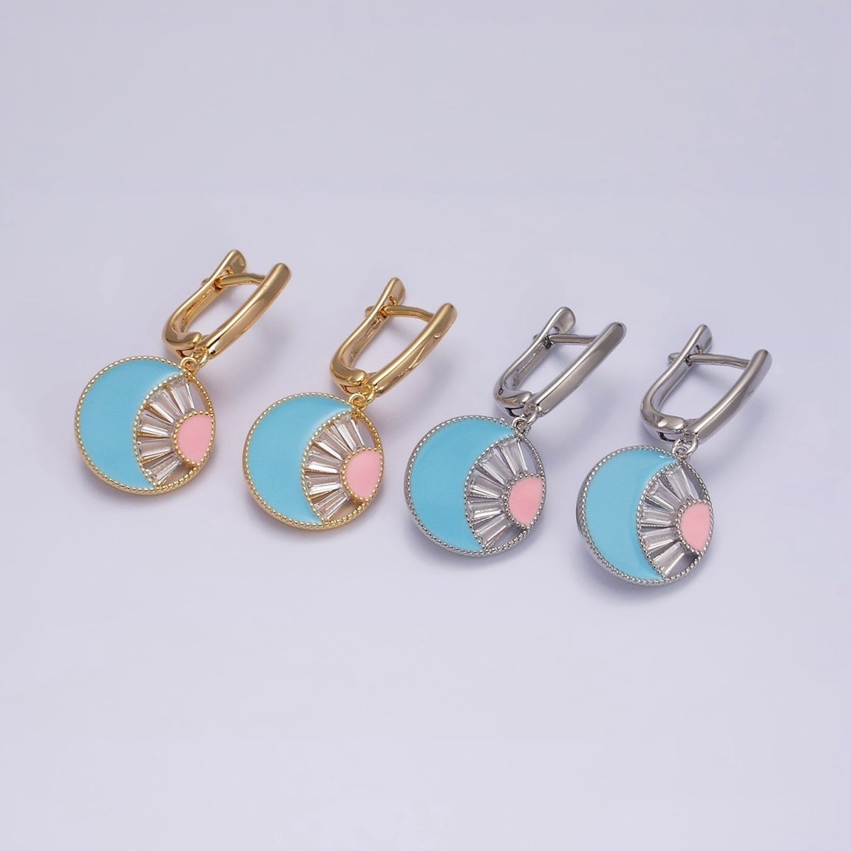 16K Gold Filled Celestial Sun Crescent Moon Blue & Pink Enamel Baguette Drop English Lock Earrings in Gold & Silver | AD-421 AD-422