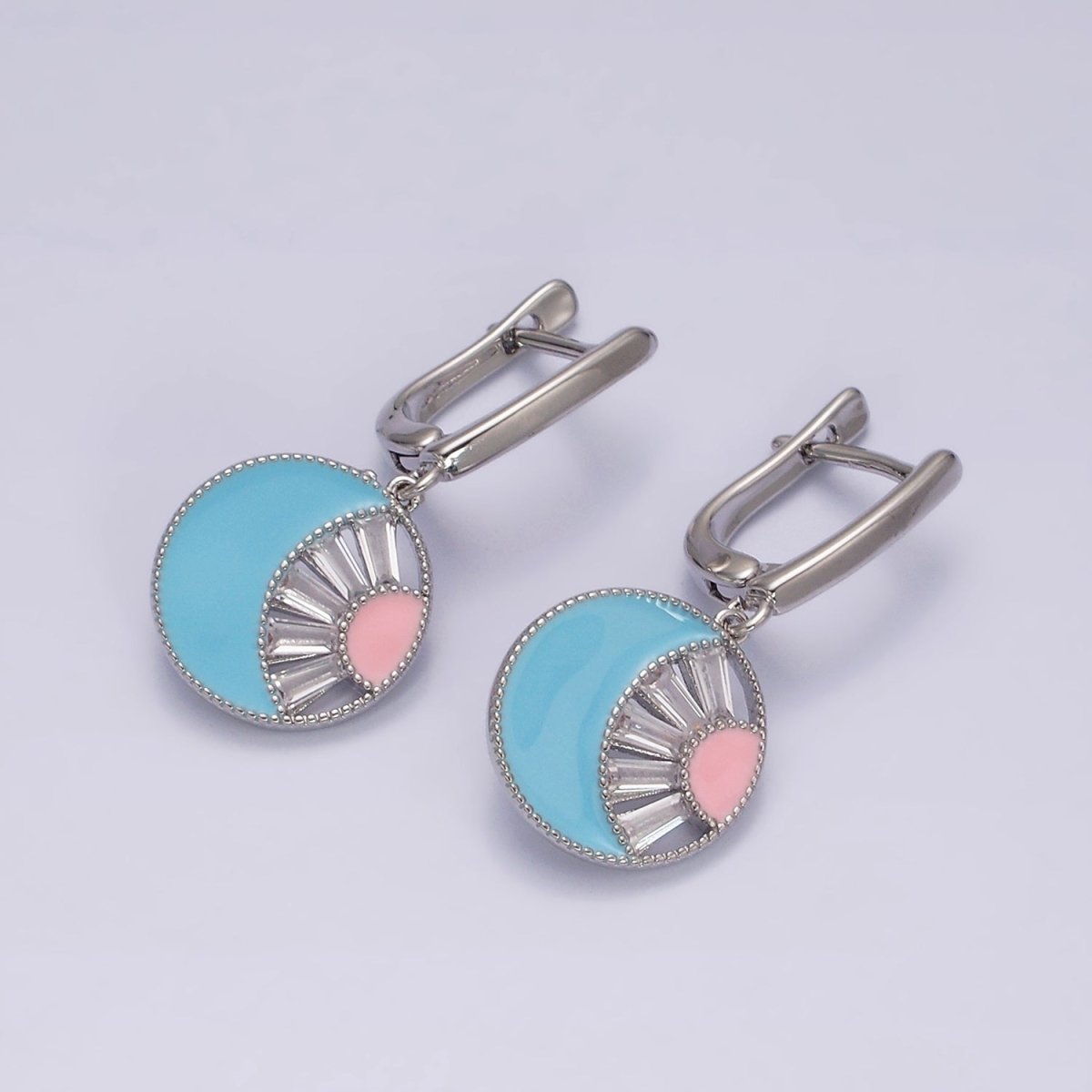 16K Gold Filled Celestial Sun Crescent Moon Blue & Pink Enamel Baguette Drop English Lock Earrings in Gold & Silver | AD-421 AD-422