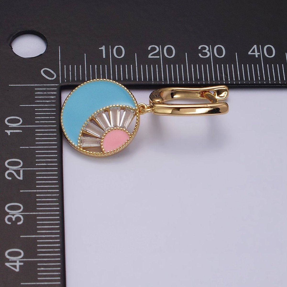 16K Gold Filled Celestial Sun Crescent Moon Blue & Pink Enamel Baguette Drop English Lock Earrings in Gold & Silver | AD-421 AD-422