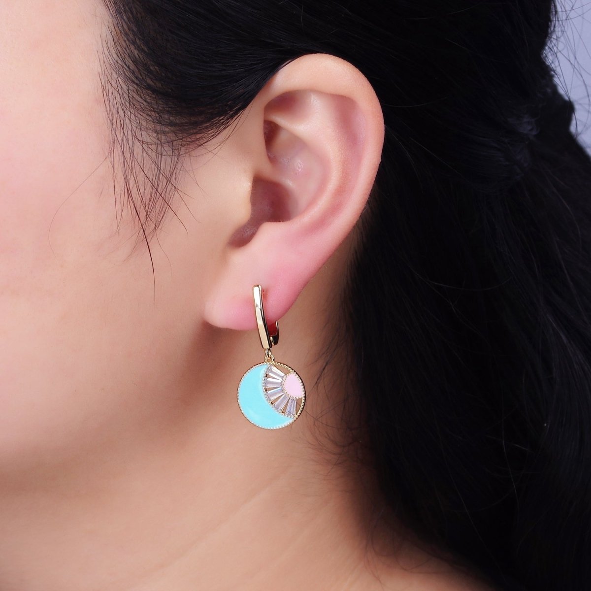 16K Gold Filled Celestial Sun Crescent Moon Blue & Pink Enamel Baguette Drop English Lock Earrings in Gold & Silver | AD-421 AD-422
