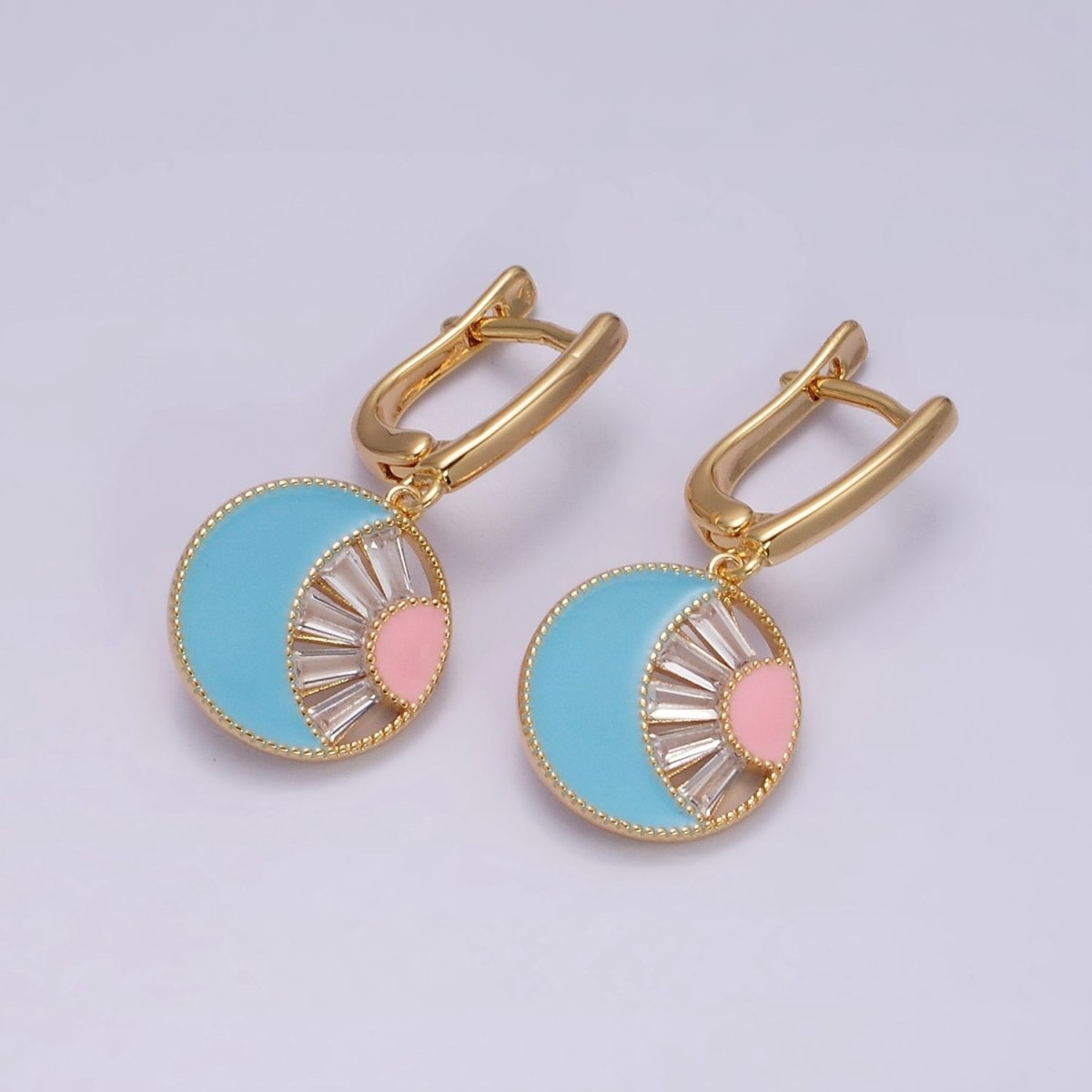16K Gold Filled Celestial Sun Crescent Moon Blue & Pink Enamel Baguette Drop English Lock Earrings in Gold & Silver | AD-421 AD-422