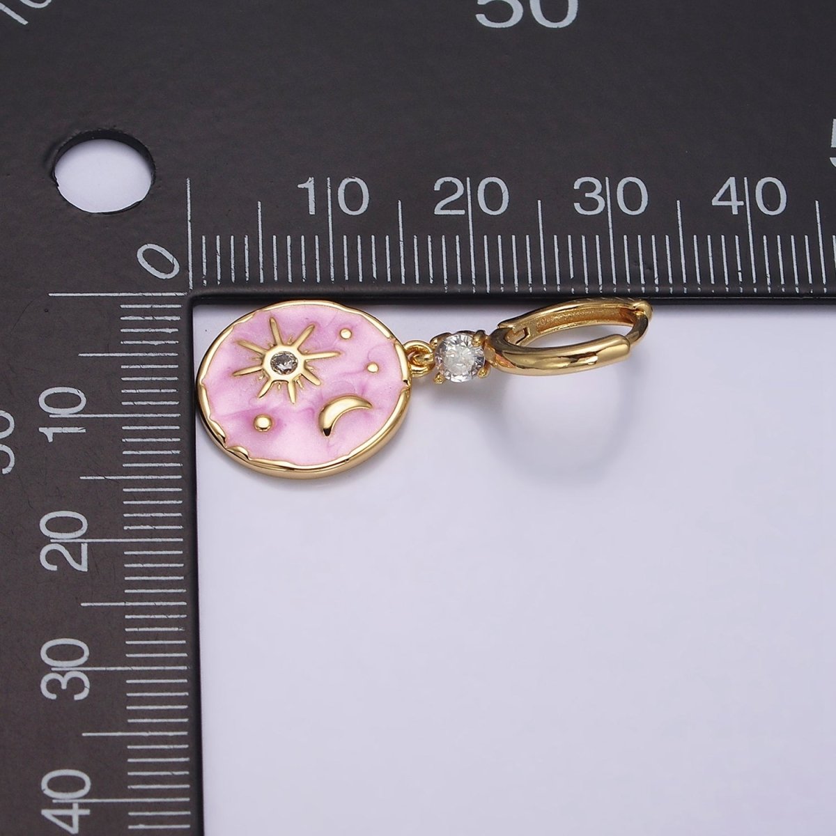 16K Gold Filled Celestial Sun Star Crescent Moon White, Blue, Pink Sparkly Enamel Round Stamped CZ Drop Huggie Earrings | AE831 - AE833