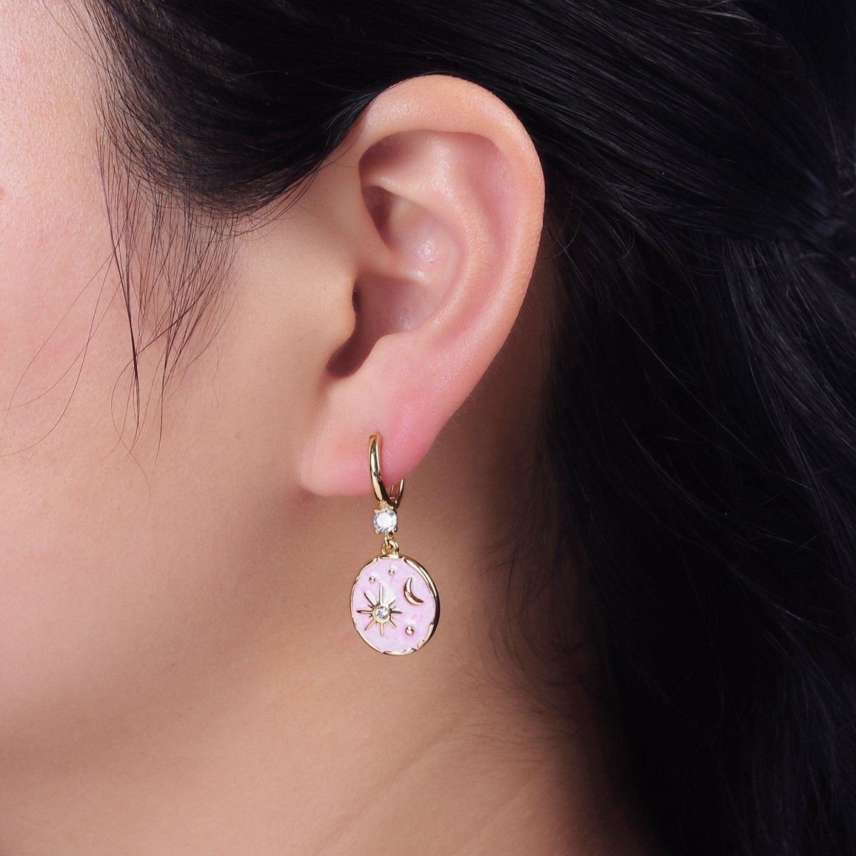16K Gold Filled Celestial Sun Star Crescent Moon White, Blue, Pink Sparkly Enamel Round Stamped CZ Drop Huggie Earrings | AE831 - AE833