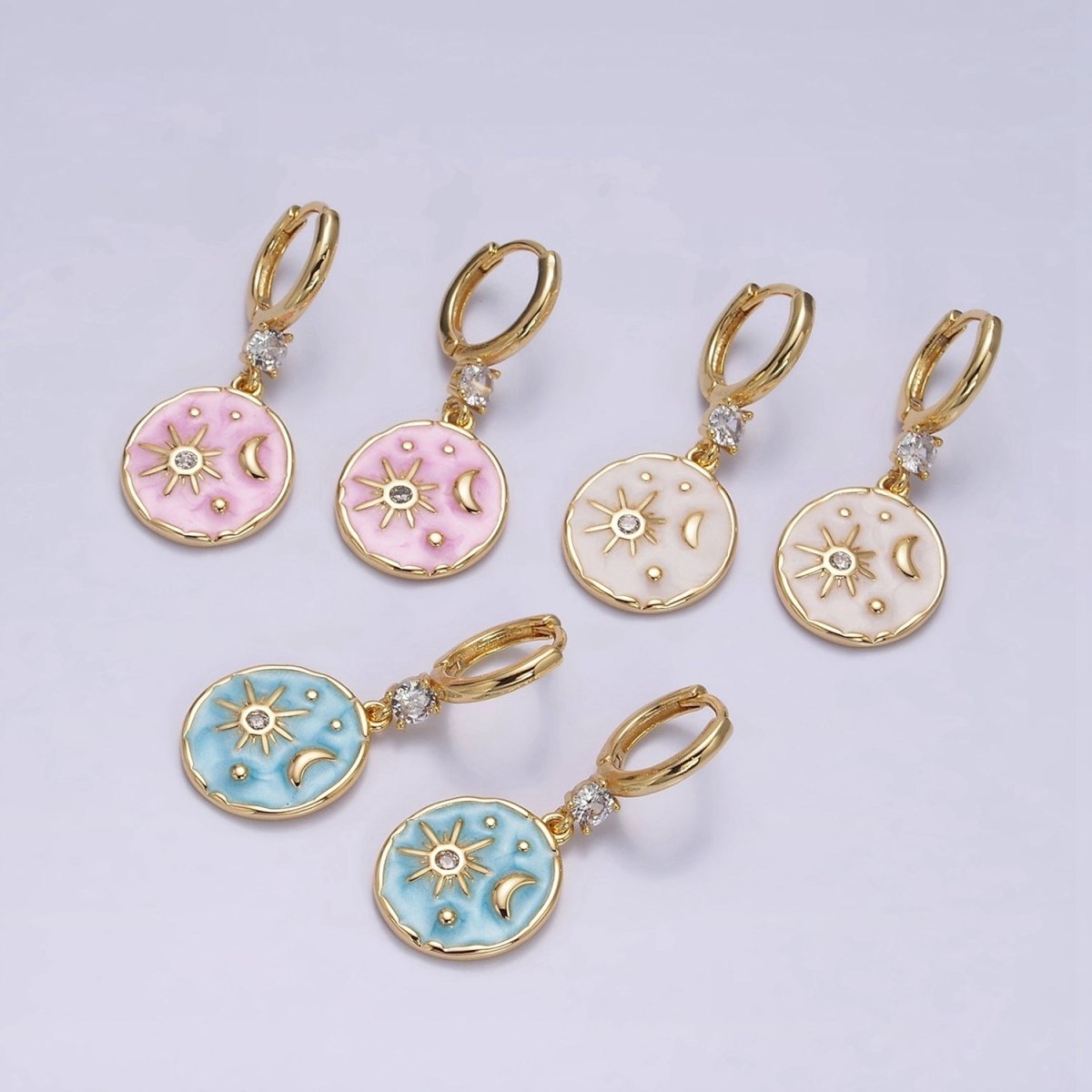 16K Gold Filled Celestial Sun Star Crescent Moon White, Blue, Pink Sparkly Enamel Round Stamped CZ Drop Huggie Earrings | AE831 - AE833