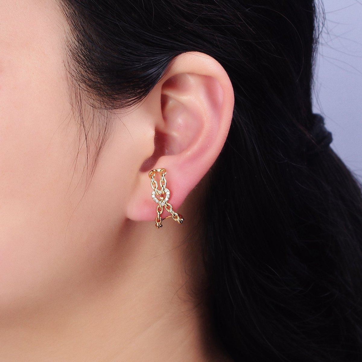 16K Gold Filled Chained Heart Micro Paved CZ Cable Link Stud Earrings in Gold & Silver | AD859 AD860