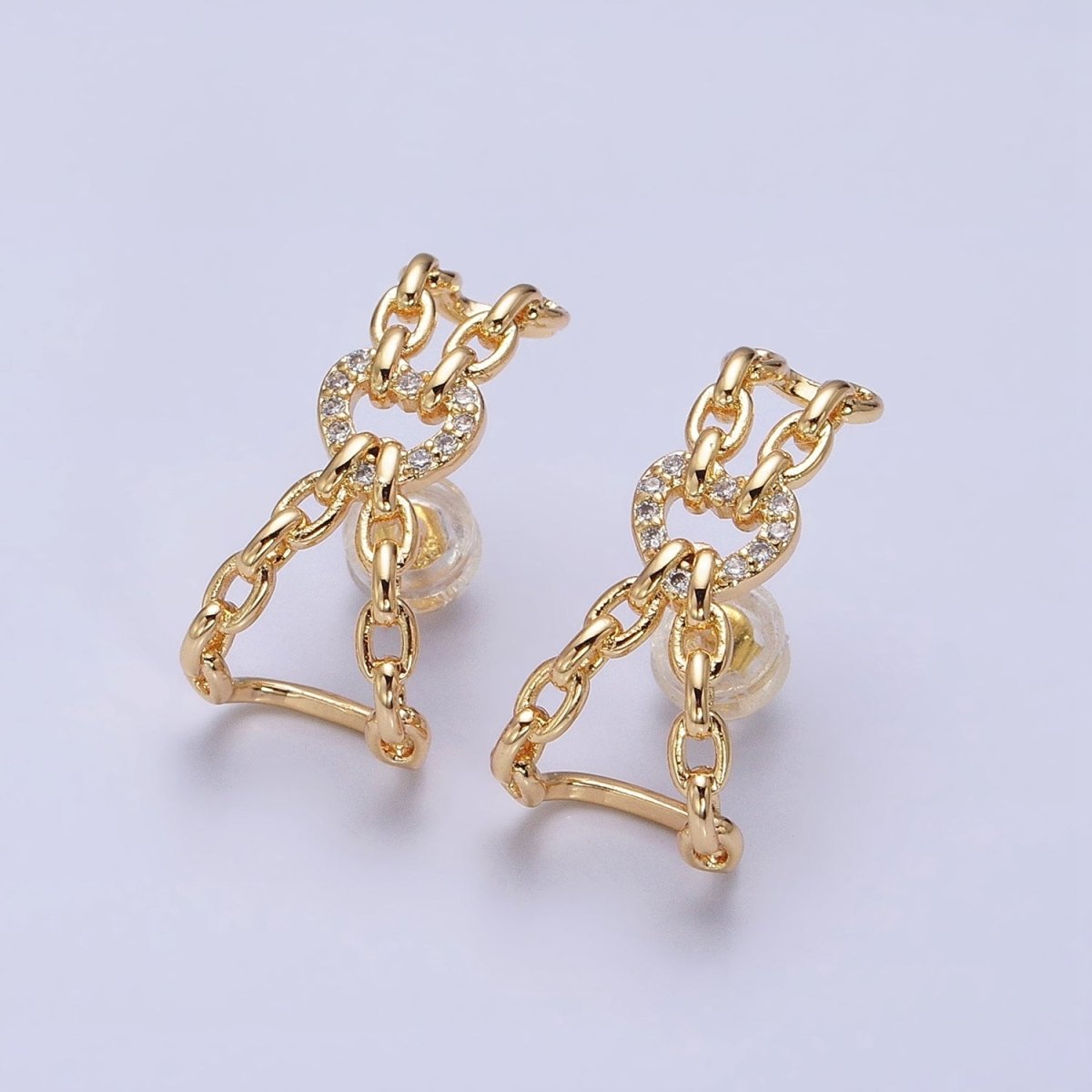 16K Gold Filled Chained Heart Micro Paved CZ Cable Link Stud Earrings in Gold & Silver | AD859 AD860