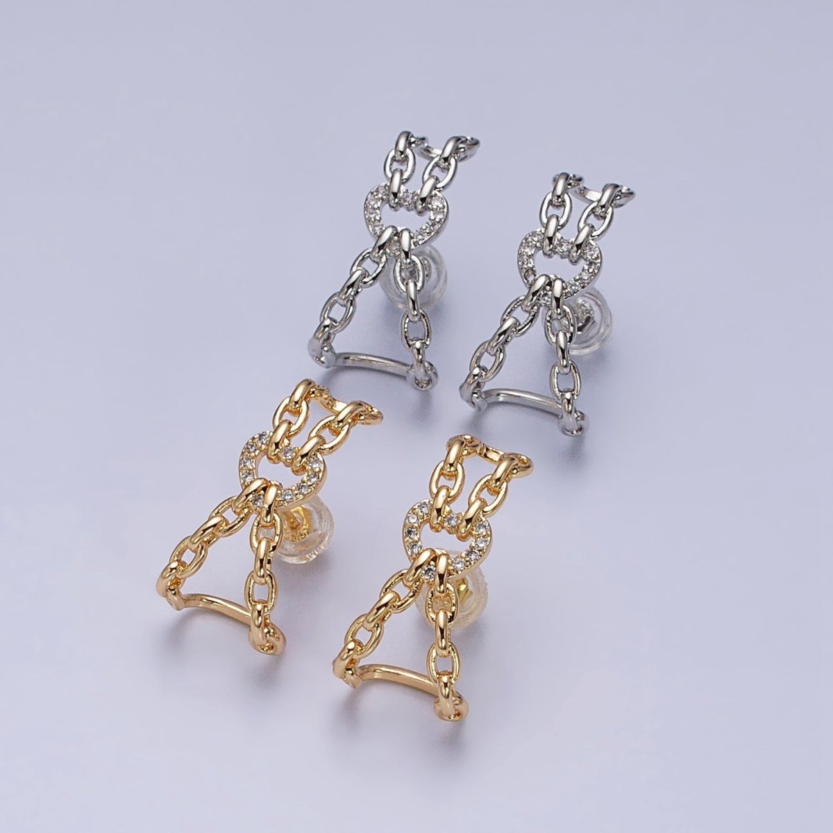 16K Gold Filled Chained Heart Micro Paved CZ Cable Link Stud Earrings in Gold & Silver | AD859 AD860