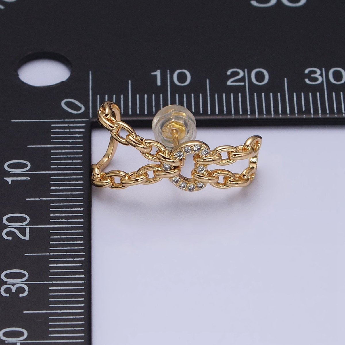 16K Gold Filled Chained Heart Micro Paved CZ Cable Link Stud Earrings in Gold & Silver | AD859 AD860