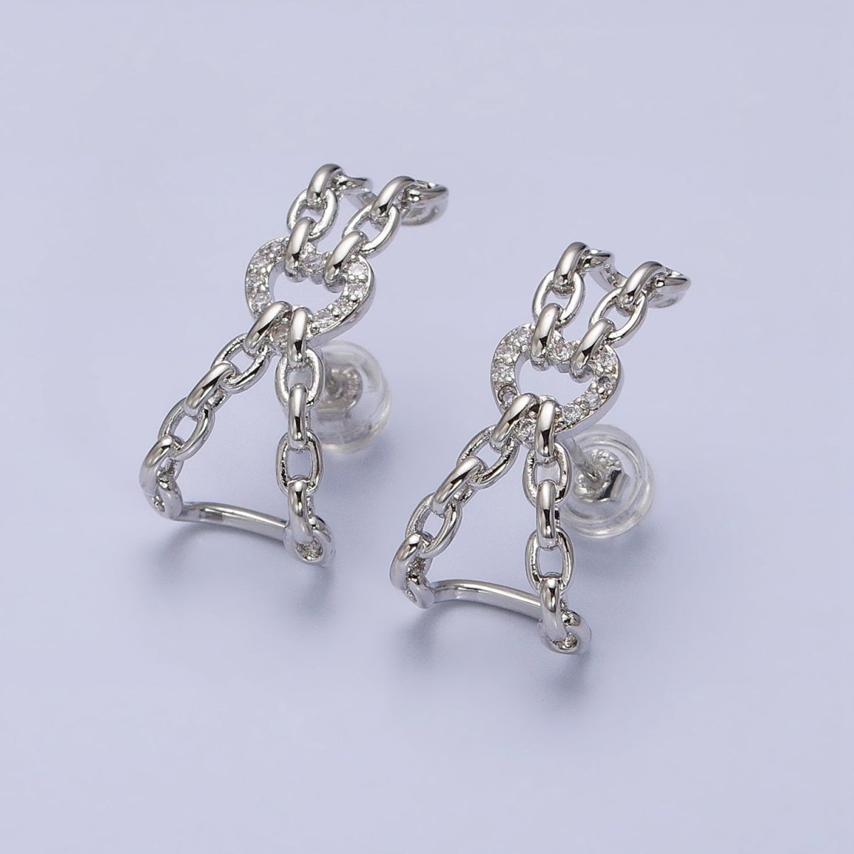 16K Gold Filled Chained Heart Micro Paved CZ Cable Link Stud Earrings in Gold & Silver | AD859 AD860